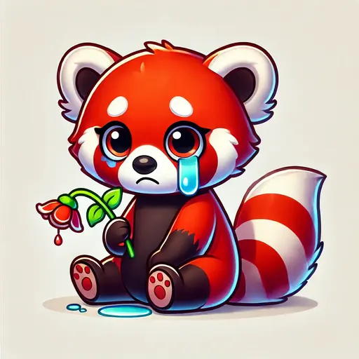 Sad red panda holding a wilted flower